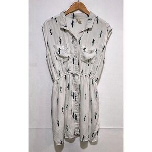 Japna Womens White Green Cactus Print Sleeveless Button Down Shirt Dress Large